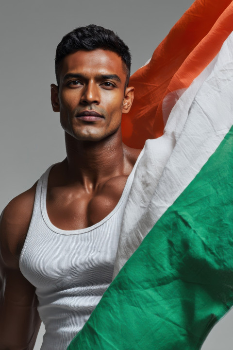 Muscular Indian man in tank top holds flowing flag behind him Muscular Indian man in tank top holds flowing flag behind him