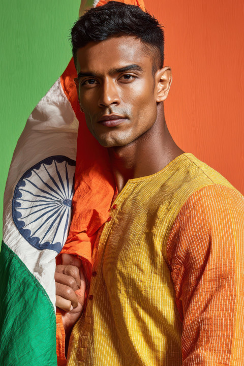 Stylish Indian man in designer kurta wraps tricolor over shoulders Stylish Indian man in designer kurta wraps tricolor over shoulders