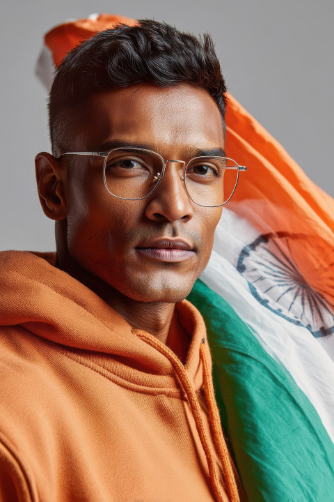 Thoughtful Indian man in saffron hoodie with digital India map holds waving flag across chest. Patriotic photography prompt Thoughtful Indian man in saffron hoodie with digital India map holds waving flag across chest. Patriotic photography prompt