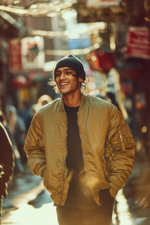 Man in bomber jacket and beanie walks Minneapolis street smiling Man in bomber jacket and beanie walks Minneapolis street smiling