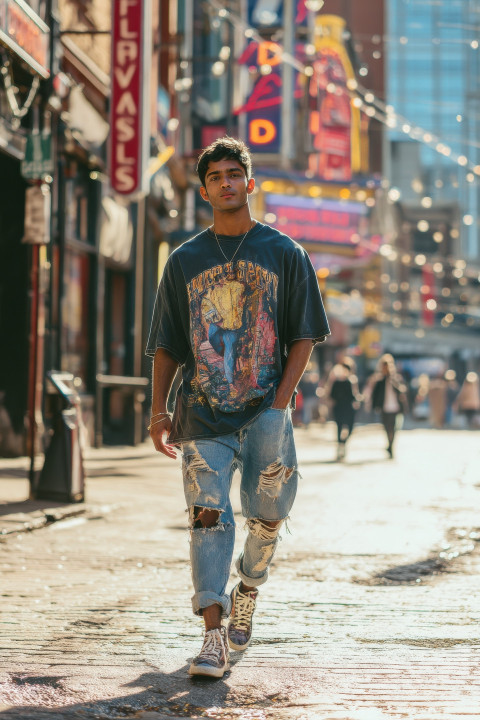 Young man in graphic tee and ripped jeans walks Detroit street Young man in graphic tee and ripped jeans walks Detroit street