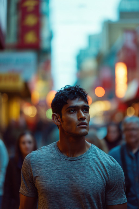 Indian man in streetwear walks twilight-lit Seattle street Indian man in streetwear walks twilight-lit Seattle street