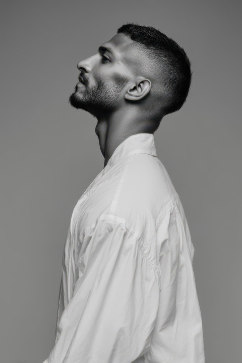 Youthful model in white tunic stands in profile Youthful model in white tunic stands in profile
