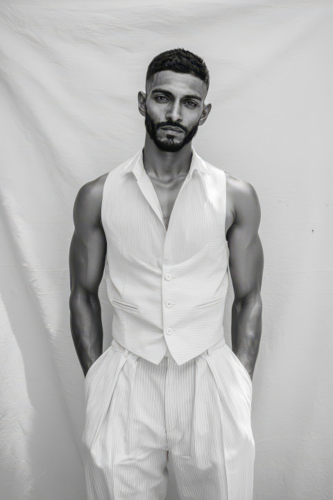 Androgynous model in white vest stands still Androgynous model in white vest stands still