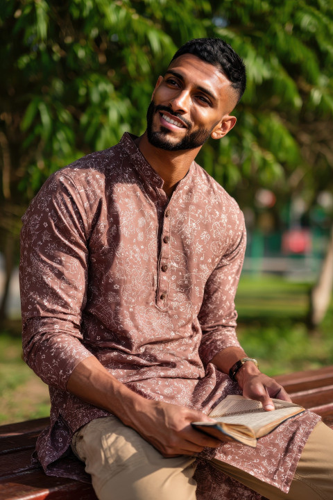 Young man in kurta and chinos sits thoughtfully with a book on park bench under warm light Young man in kurta and chinos sits thoughtfully with a book on park bench under warm light