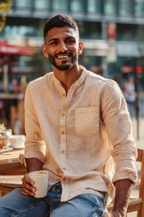 Smiling man in linen shirt sips coffee at café patio in warm daylight Smiling man in linen shirt sips coffee at café patio in warm daylight