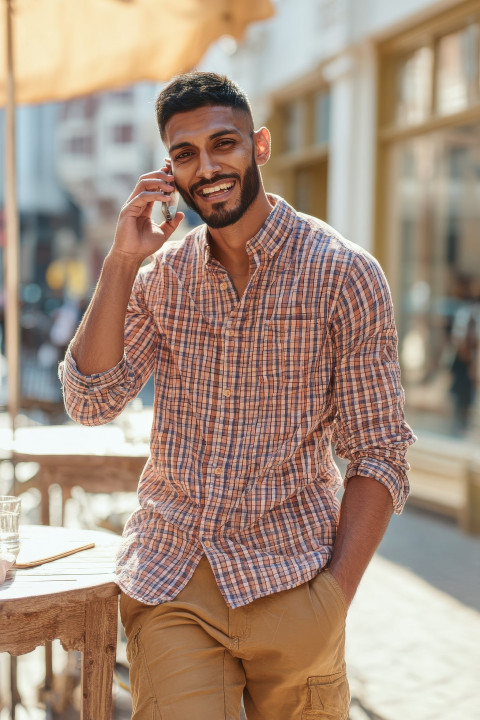 Laughing man in checkered shirt and khakis enjoys phone time at café patio Laughing man in checkered shirt and khakis enjoys phone time at café patio