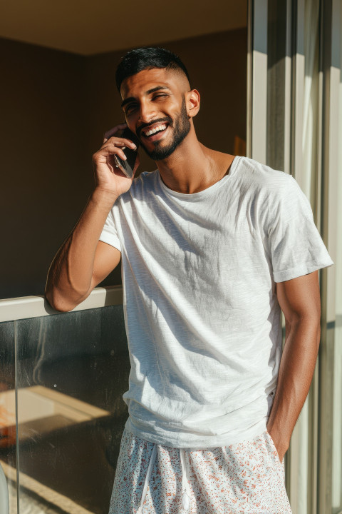 Cheerful man in T-shirt and lounge pants relaxes on balcony holding phone Cheerful man in T-shirt and lounge pants relaxes on balcony holding phone
