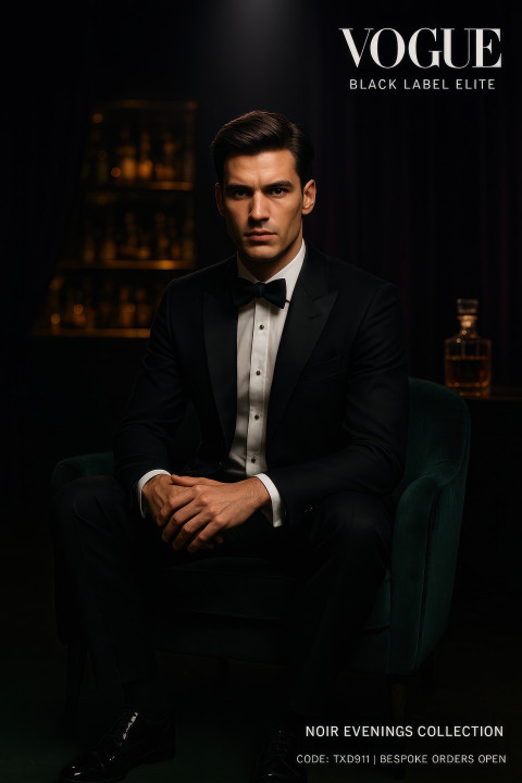 Man in black tuxedo with satin lapel sitting in emerald velvet chair under spotlight in luxury lounge bar Man in black tuxedo with satin lapel sitting in emerald velvet chair under spotlight in luxury lounge bar