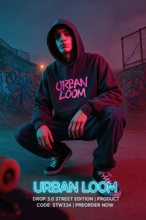 Young model in oversized hoodie and denim cargos at neon lit skatepark with graffiti walls and smoky haze Young model in oversized hoodie and denim cargos at neon lit skatepark with graffiti walls and smoky haze