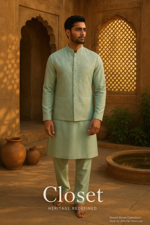 Man in pastel green embroidered kurta pajama with Nehru jacket in haveli courtyard at sunrise Man in pastel green embroidered kurta pajama with Nehru jacket in haveli courtyard at sunrise