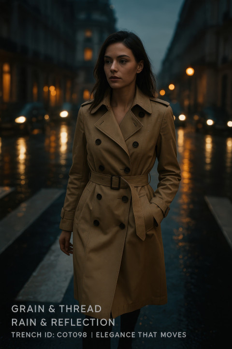 Woman in beige trench coat walks across wet city crosswalk at dusk with glowing reflections and moody sky lights