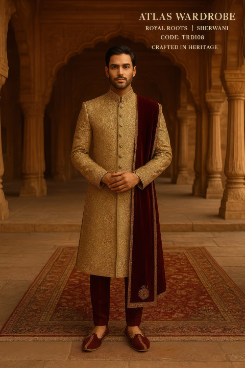 Man in golden beige sherwani with maroon stole and mojari shoes stands in ancient fort courtyard with arches and sandstone pillars Man in golden beige sherwani with maroon stole and mojari shoes stands in ancient fort courtyard with arches and sandstone pillars