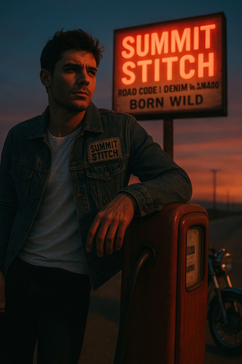Male model in rugged denim jacket over white tee and black jeans leaning on vintage gas pump at dusk Male model in rugged denim jacket over white tee and black jeans leaning on vintage gas pump at dusk