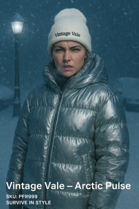 Female model in silver puffer jacket and cream beanie standing in snowstorm with frosty breath and icy backdrop Female model in silver puffer jacket and cream beanie standing in snowstorm with frosty breath and icy backdrop