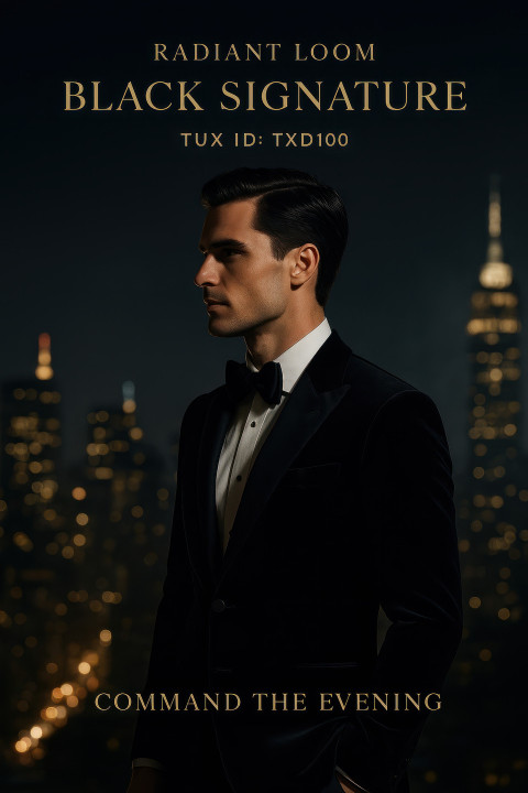 Male model in velvet tuxedo on rooftop with glowing city skyline at night Male model in velvet tuxedo on rooftop with glowing city skyline at night
