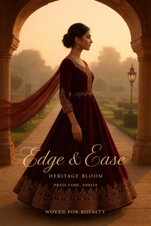 Female model in maroon velvet Anarkali with gold embroidery under palace arch Female model in maroon velvet Anarkali with gold embroidery under palace arch
