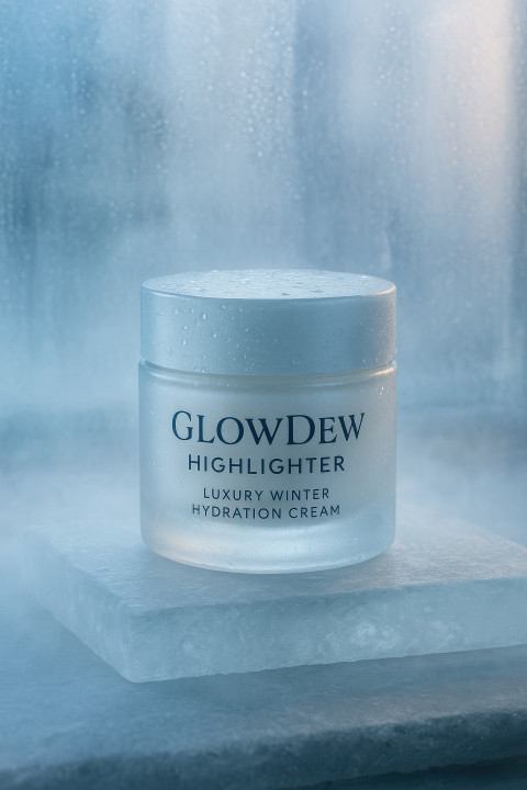 Luxury winter hydration cream jar on frosted glass with cold mist and condensation Luxury winter hydration cream jar on frosted glass with cold mist and condensation