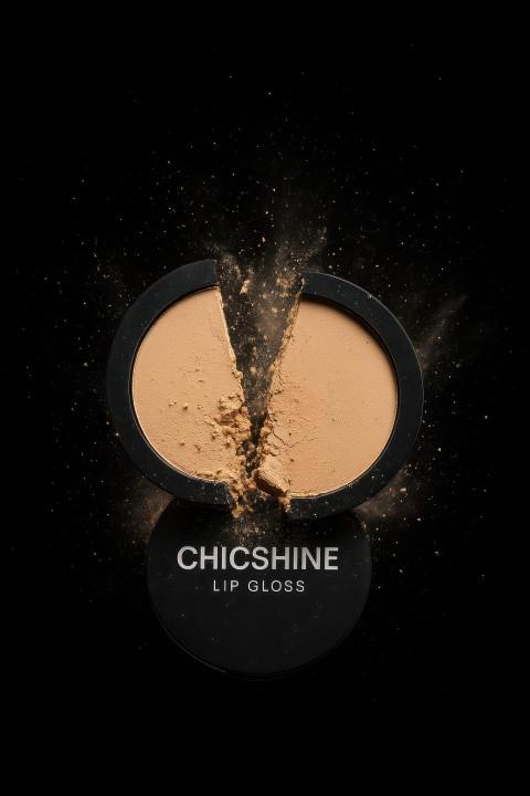 Compact powder breaking mid air with dust particles frozen in motion