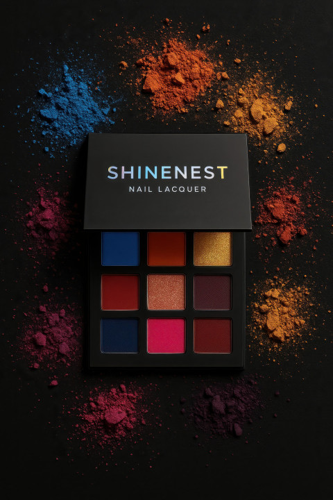 Bold flat lay of open eyeshadow palette with vibrant crushed pigments scattered on black backdrop Bold flat lay of open eyeshadow palette with vibrant crushed pigments scattered on black backdrop