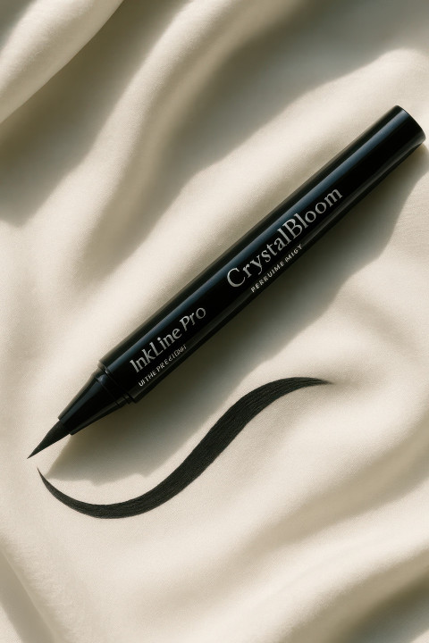 Glossy black eyeliner pen on white silk fabric with bold curved stroke Glossy black eyeliner pen on white silk fabric with bold curved stroke