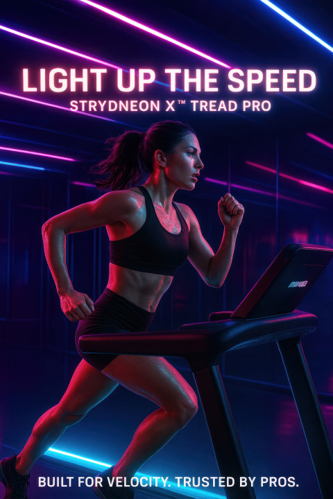 Female athlete sprinting on treadmill in neon gym with glowing lights Female athlete sprinting on treadmill in neon gym with glowing lights