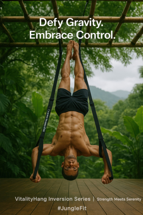 Male athlete hanging upside down using suspension straps in a tropical jungle retreat Male athlete hanging upside down using suspension straps in a tropical jungle retreat