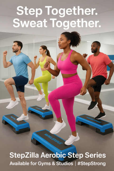 Diverse athletes performing synchronized step ups in a mirrored dance fitness studio with bright energy and rhythm Diverse athletes performing synchronized step ups in a mirrored dance fitness studio with bright energy and rhythm