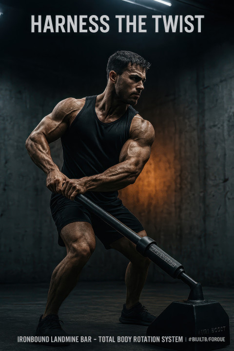 Muscular male athlete twisting with landmine bar Muscular male athlete twisting with landmine bar