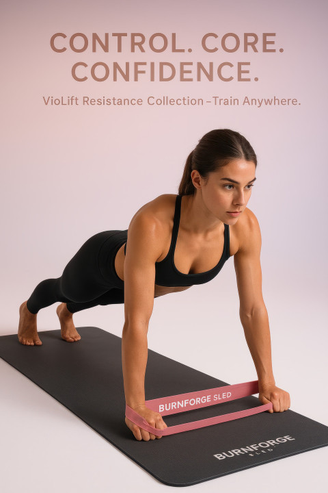 Young woman on mat using resistance band in plank pose showing toned abs and strength in bright studio with soft lighting and white backdrop Young woman on mat using resistance band in plank pose showing toned abs and strength in bright studio with soft lighting and white backdrop