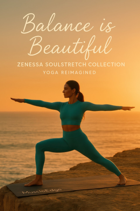 Female yoga instructor in turquoise set holds warrior pose on cliffside at sunset with ocean horizon and glowing golden sky Female yoga instructor in turquoise set holds warrior pose on cliffside at sunset with ocean horizon and glowing golden sky