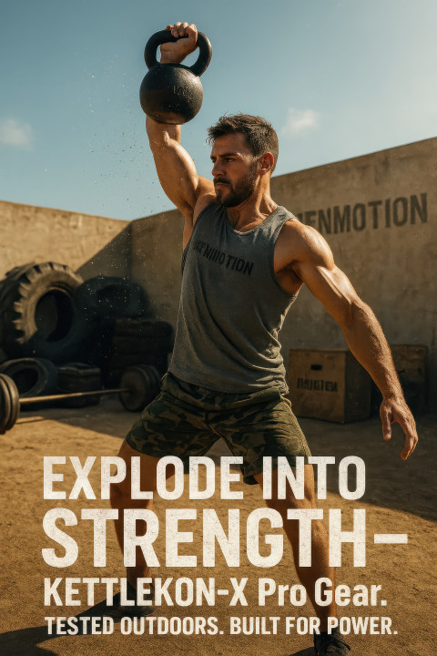 Male crossfit athlete in camo shorts and grey tank top lifts kettlebell overhead in rustic outdoor gym with stacked tires and wooden boxes Male crossfit athlete in camo shorts and grey tank top lifts kettlebell overhead in rustic outdoor gym with stacked tires and wooden boxes