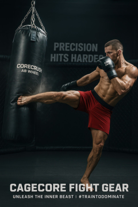 Fighter lands a strong high kick on heavy bag in mma cage with muscles flexed Fighter lands a strong high kick on heavy bag in mma cage with muscles flexed