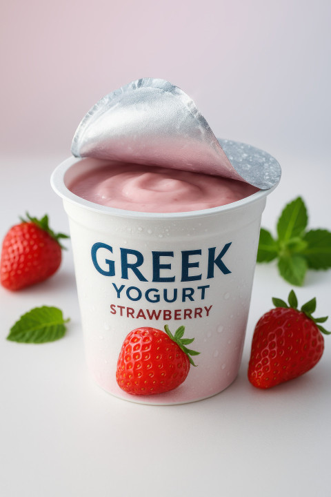 Greek style yogurt cup with peeled lid showing pink strawberry yogurt and mint leaves on clean pastel backdrop Greek style yogurt cup with peeled lid showing pink strawberry yogurt and mint leaves on clean pastel backdrop