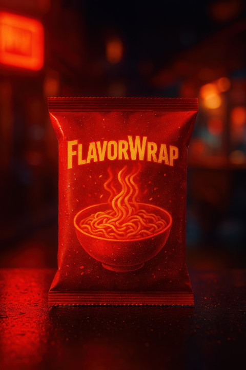 Vibrant red noodle pouch on reflective dark surface with neon lights Vibrant red noodle pouch on reflective dark surface with neon lights