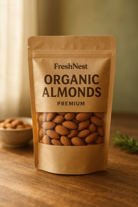 Stand up kraft pouch with matte finish and window showing roasted almonds on rustic wooden table in daylight kitchen Stand up kraft pouch with matte finish and window showing roasted almonds on rustic wooden table in daylight kitchen