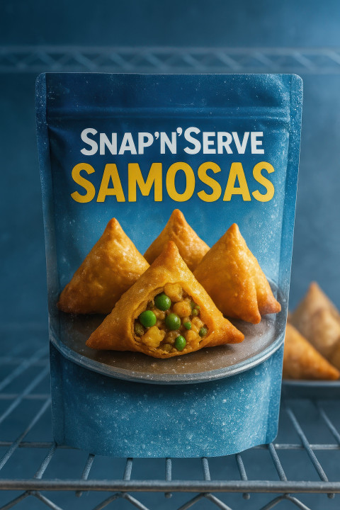 Glossy pouch of frozen samosas with frost crystals on metallic shelf Glossy pouch of frozen samosas with frost crystals on metallic shelf