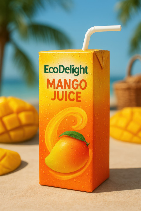 Tropical mango juice box with straw Tropical mango juice box with straw