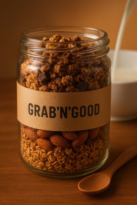 Clear jar of layered granola oats and nuts on breakfast table with milk pouring in bowl behind Clear jar of layered granola oats and nuts on breakfast table with milk pouring in bowl behind