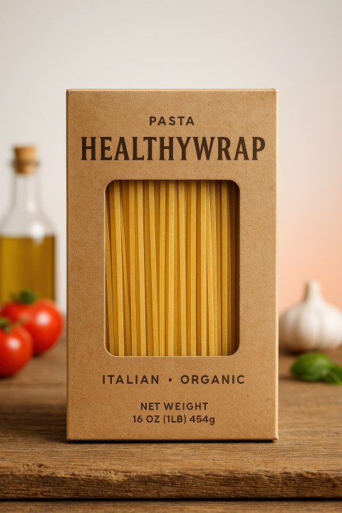 Rectangular pasta box with window showing golden strands placed on rustic board with tomatoes garlic olive oil basil Rectangular pasta box with window showing golden strands placed on rustic board with tomatoes garlic olive oil basil