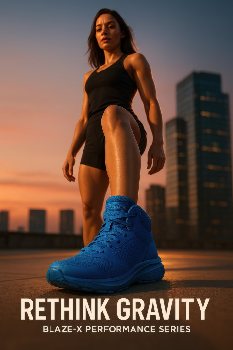 Woman standing strong on rooftop helipad at sunset wearing bold blue high top sneakers Woman standing strong on rooftop helipad at sunset wearing bold blue high top sneakers