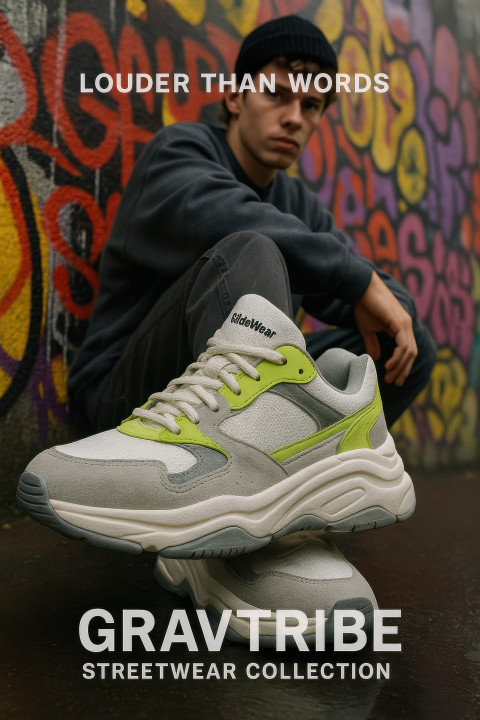 Young man leaning on graffiti wall in chunky sneakers Young man leaning on graffiti wall in chunky sneakers