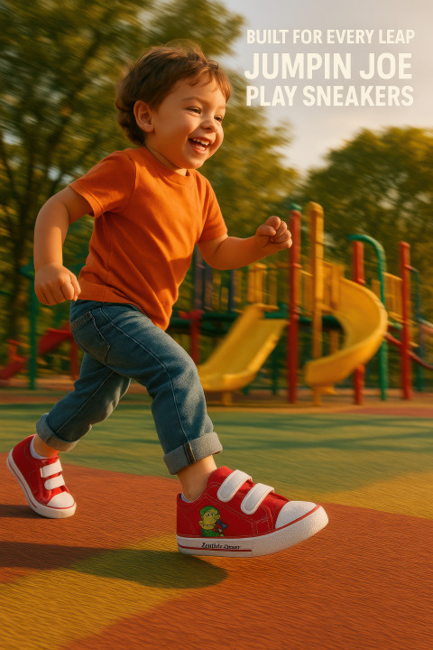 Cheerful child running on a playground in red velcro sneakers with cartoon patches Cheerful child running on a playground in red velcro sneakers with cartoon patches