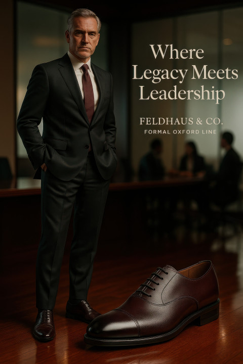 Confident man in oxblood oxford shoes standing tall in a boardroom Confident man in oxblood oxford shoes standing tall in a boardroom