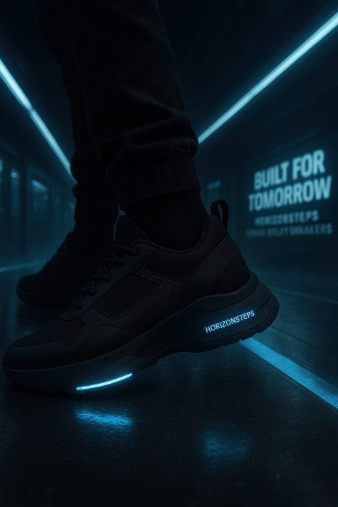 Male model on a futuristic subway platform in black sneakers with led accents Male model on a futuristic subway platform in black sneakers with led accents