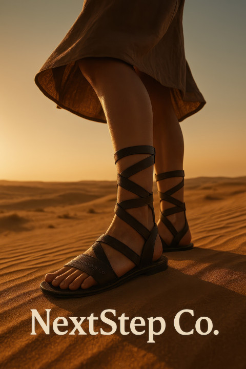 Female model on a desert dune at sunset wearing leather gladiator sandals mid calf Female model on a desert dune at sunset wearing leather gladiator sandals mid calf