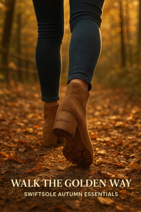 Female model walking on a forest path in suede ankle boots with block heels among autumn leaves and warm light Female model walking on a forest path in suede ankle boots with block heels among autumn leaves and warm light