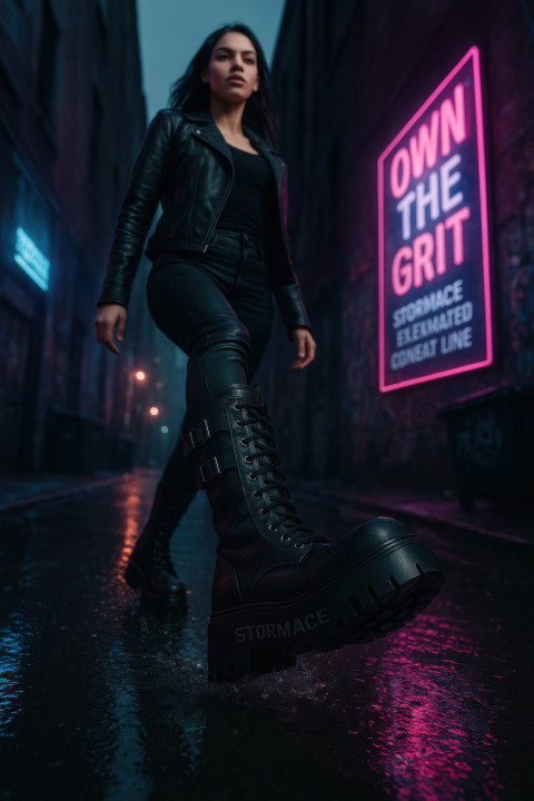 Woman striding in black platform combat boots through rainy neon city alley Woman striding in black platform combat boots through rainy neon city alley