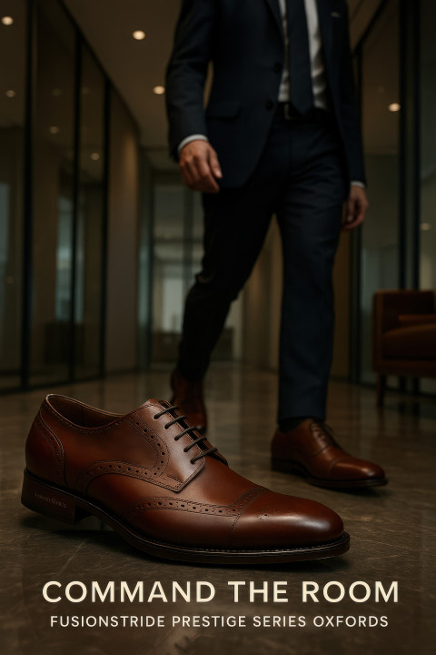 Businessman stepping through modern lobby in polished leather oxford shoes Businessman stepping through modern lobby in polished leather oxford shoes