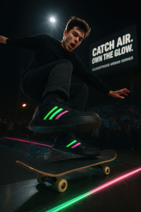 Young man mid jump on skate ramp in black sneakers with neon stripes Young man mid jump on skate ramp in black sneakers with neon stripes